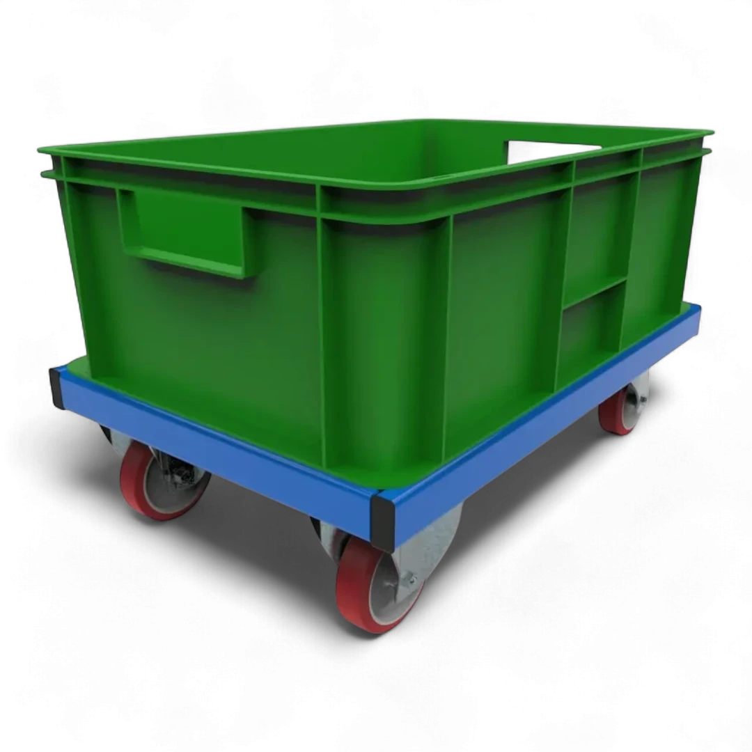 Fahrgestell für Transport von KLT-Kisten – Stabile Stahlkonstruktion mit Lenkrollen. Ideal für Lager und Werkstätten.